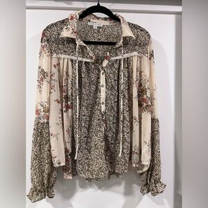 She + Sky Women’s Size Medium Floral Button-Up Blouse in Cream and Brown
